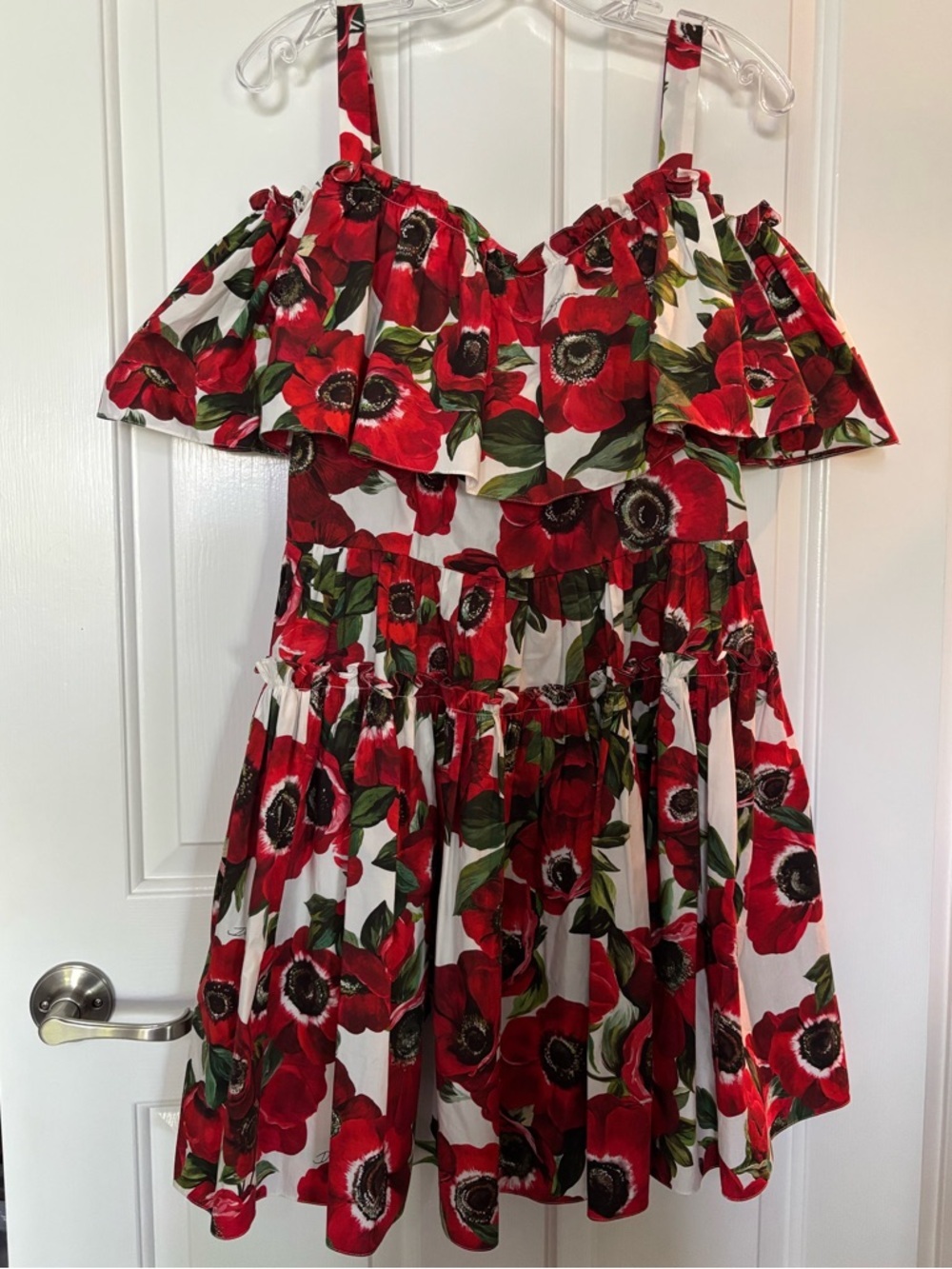 EUC DOLCE & GABBANA Red Anemone Floral Off-The-Shoulder Ruffled Dress size 44